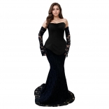 Black Elegant Two Pieces Women Lace Long Sleeve Bodycon Formal Evening Party Maxi Dress