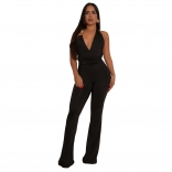 Black Halter Deep V Neck Pleated Sexy Women Bodycon Street Jumpsuit Oufits