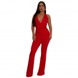 Red Halter Deep V Neck Pleated Sexy Women Bodycon Street Jumpsuit Oufits