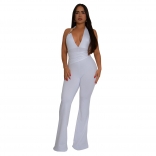 White Halter Deep V Neck Pleated Sexy Women Bodycon Street Jumpsuit Oufits