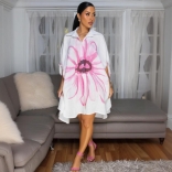 Pink Turn-Down Collar Print Casual Women's T-Shirt Cardigan Midi Dress