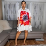 Red Turn-Down Collar Print Casual Women's T-Shirt Cardigan Midi Dress