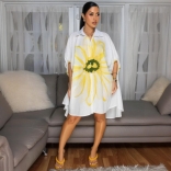 Yellow Turn-Down Collar Print Casual Women's T-Shirt Cardigan Midi Dress