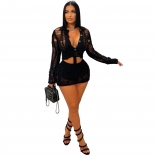 Black Button Deep V Neck Knitted Tops Bodycon Hollow Out Sexy Mini Dress Sets