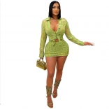 Green Button Deep V Neck Knitted Tops Bodycon Hollow Out Sexy Mini Dress Sets