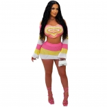 Rose Red Knit Two Pieces Long Sleeve Tops Bodycon Short Skirt Dress Set