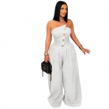 Black Off the Shoulder Button Sleeveless Wide Leg Casual Women's Jumpsuit