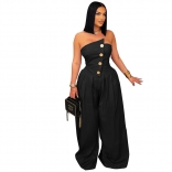 Black Off the Shoulder Button Sleeveless Wide Leg Casual Women's Jumpsuit
