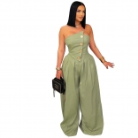 Black Off the Shoulder Button Sleeveless Wide Leg Casual Women's Jumpsuit