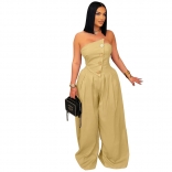 Black Off the Shoulder Button Sleeveless Wide Leg Casual Women's Jumpsuit