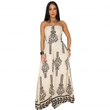 Beige Women's Casual Positioning Printed Waist-Cinching Bodysuit Wide Leg Jumpsuit