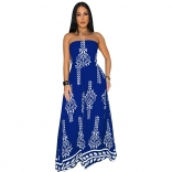 Blue Women's Casual Positioning Printed Waist-Cinching Bodysuit Wide Leg Jumpsuit