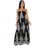 Black Women's Casual Positioning Printed Waist-Cinching Bodysuit Wide Leg Jumpsuit