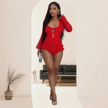 Red Long Sleeve Cut Out Lace Sexy Bodycon Backless Sexy Club Rompers