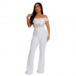 White Off Shoulder Lace 3D Flowers See Through Wmen Bodycon Playsuits