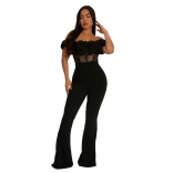 Black Off Shoulder Lace 3D Flowers See Through Wmen Bodycon Playsuits