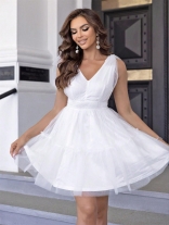 White Deep V Neck Lace Up Mesh Fashion Sweety Skirt Mini Dress