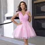 Pink Deep V Neck Lace Up Mesh Fashion Sweety Skirt Mini Dress
