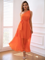 Orange Sleeveless Halter Pleated Mesh Evening Fashion Casual Birthday Dress