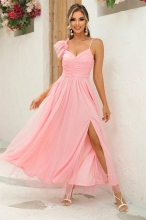 Pink Straps Low Cut Mesh Pleated Elegant Slit Wedding Long Dress