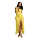 Yellow Straps Cut Out Sexy Ruffles High Slit Women Party Clubwear
