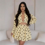 Beige Two Pieces Women Lace Up Cut Out Sexy Mini Skirt Dress