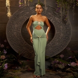 Green Off Shoulder Cut Out Snatched Pleated Ribbon Elegant Long Dress