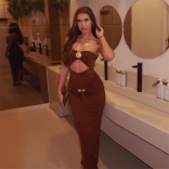 Coffee Off Shoulder Cut Out Snatched Pleated Ribbon Elegant Long Dress