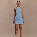 Sky Blue Off Shoulder Women Mesh Pleated Ribbon Bodycon Mini Dress