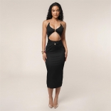 Black Chains Straps Backless Cut Out Bodycon Sexy Pleated Elegant Midi Dres