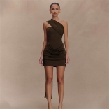 Black Off Shoulder Women Mesh Pleated Ribbon Bodycon Mini Dress