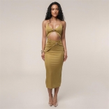 Khaki Chains Straps Backless Cut Out Bodycon Sexy Pleated Elegant Midi Dres
