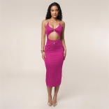Rose Red Chains Straps Backless Cut Out Bodycon Sexy Pleated Elegant Midi Dres