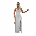 White Straps Low Cut V Neck Sequins Bodycon High Slit Feather Maxi Dress