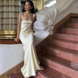 Apricot Straps Low Cut Elegant Women Pleated Evening Long Dress