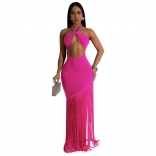 Rose Red Elegant Women's Bandage Snatched Tassels Evening Bodycon Long Dress