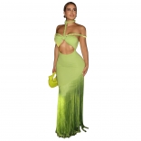 Green Elegant Women's Bandage Snatched Tassels Evening Bodycon Long Dress