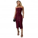 Claret Off Shoulder Lace Up Bandage Two Pieces Slit Elegant Midi Dress
