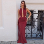 Red Halter Deep V Neck Lace Patchwork Hollow Out See Through Evening Prom Long Dress