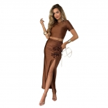 Brown Short Sleeve Tops High Slit Pleated Sexy Skirt Dress Set