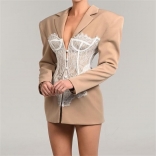 Khaki Long Sleeve Lace Slicing Suit Fashion Women Jacket