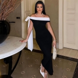 Black Off Sholder Elegant Women Party Solid Color Fashion Party Midi Dress