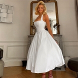 White Straps Low Cut Pleated Bandage Women Fashion Casual Dance Skirt Dress