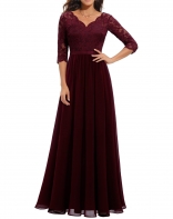 Claret Half Sleeve Lace Hollow Out Luxury Pleated Mesh Evening Birthday Long Dress