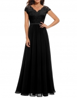 Black Short Sleeve Lace Hollow Out Luxury Pleated Mesh Evening Birthday Long Dress