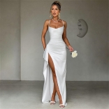White Straps Low Cut Bodycon V Neck Lace Up Bandage Slit Evening Long Dress