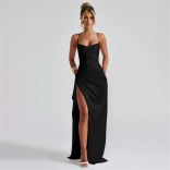 Black Straps Low Cut Bodycon V Neck Lace Up Bandage Slit Evening Long Dress