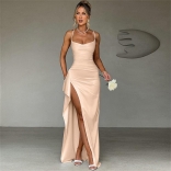 Khaki Straps Low Cut Bodycon V Neck Lace Up Bandage Slit Evening Long Dress