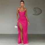 Rose Red Straps Low Cut Bodycon V Neck Lace Up Bandage Slit Evening Long Dress