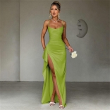 Green Straps Low Cut Bodycon V Neck Lace Up Bandage Slit Evening Long Dress